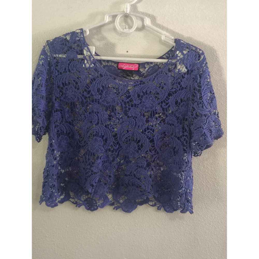 Say What?‎ Women Blue Floral Crochet Lace Crop Top Short Sleeve Cotton Large